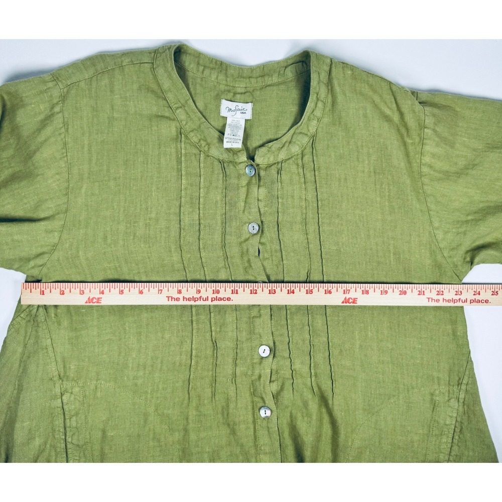 Mosaic Linen Tunic Top Womens Large Green Lagenlook Boho Asymmetrical Minimalist - Picture 10 of 11